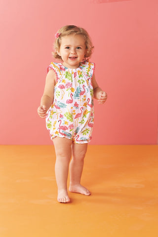 Image of Mud Pie Baby Girl Summer Flamingo Floral Bubble Romper