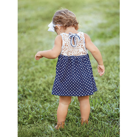 Image of Mud Pie Baby Girl Daisy Navy Striped Polka Dot Dress