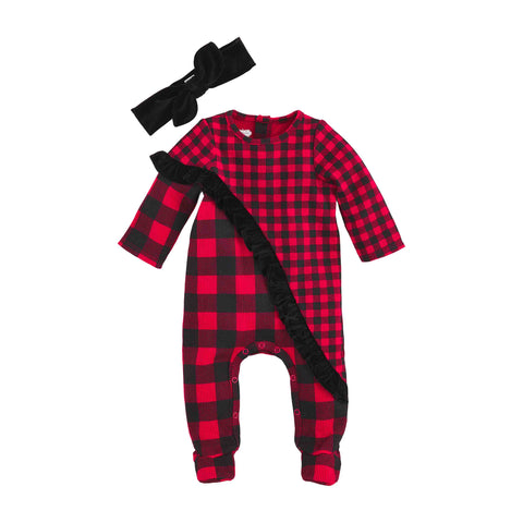 Image of Mud Pie Baby Girls' Christmas Holiday Buffalo Check One Piece Sleeper & Headband Set