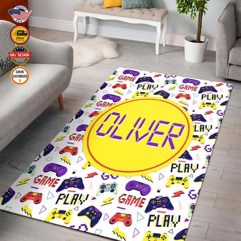 Image of Personalized Game Rug, White Game Pattern Area Rug, Game Area Rug for Gamer, Gaming Rugs Gift for Son for Boy, Room Rugs
