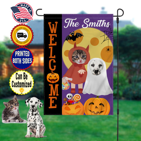 Image of Personalized Pet Halloween Flag, Custom Double Side Dog Cat Flag, Welcome Halloween Flag, Halloween Gift