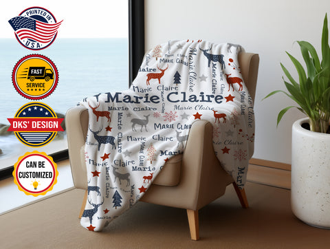 Image of Personalized Christmas Reindeer Blanket, Custom Baby Reindeer Blanket, Christmas Pattern Blanket, Christmas Baby Blanket, Christmas Gift