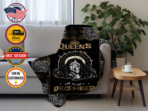 Image of Personalized Birthday Blanket, Custom December Queen Blanket, December Birthday Girl Blanket, Black Queen Blanket, Birthday Gift