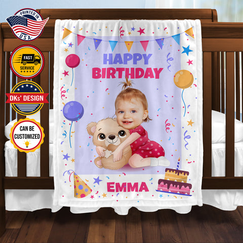 Image of Personalized Baby Blanket, Custom Name Blanket, Happy Birthday Baby Girl Blanket, Baby Birthday Blanket, Baby Girl Blanket, Birthday Gift