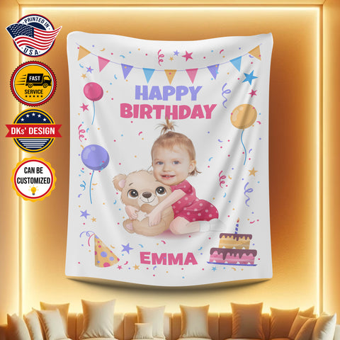 Image of Personalized Baby Blanket, Custom Name Blanket, Happy Birthday Baby Girl Blanket, Baby Birthday Blanket, Baby Girl Blanket, Birthday Gift
