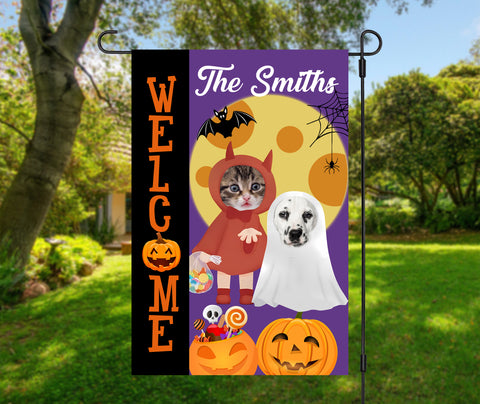 Image of Personalized Pet Halloween Flag, Custom Double Side Dog Cat Flag, Welcome Halloween Flag, Halloween Gift
