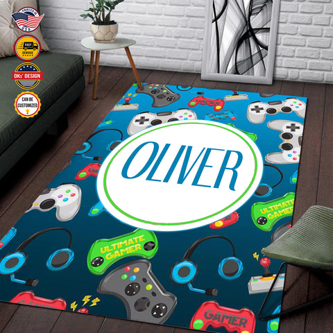 Image of Personalized Game Rug, Blue Game Pattern Area Rug, Game Area Rug for Gamer, Gaming Rugs Gift for Son for Boy, Room Rugs