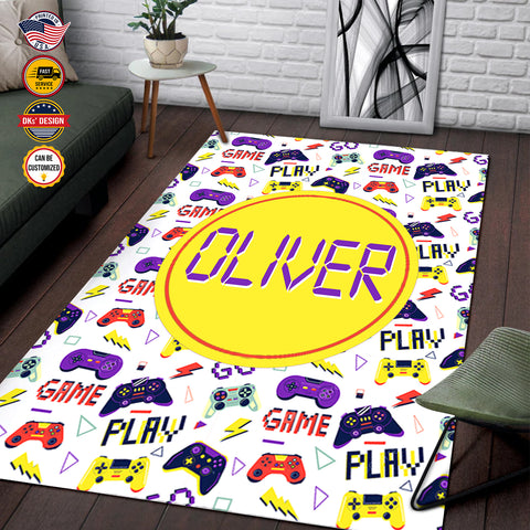 Image of Personalized Game Rug, White Game Pattern Area Rug, Game Area Rug for Gamer, Gaming Rugs Gift for Son for Boy, Room Rugs