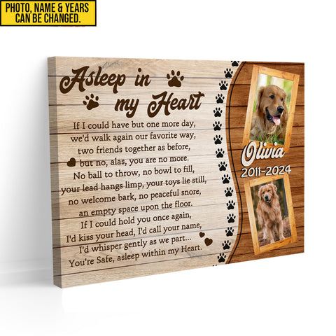 Image of Personalized Pet Memorial Photo Canvas, Asleep In My Heart Canvas, Sympathy Gifts, Dog Gifts, Dog Memorial Photo Gift