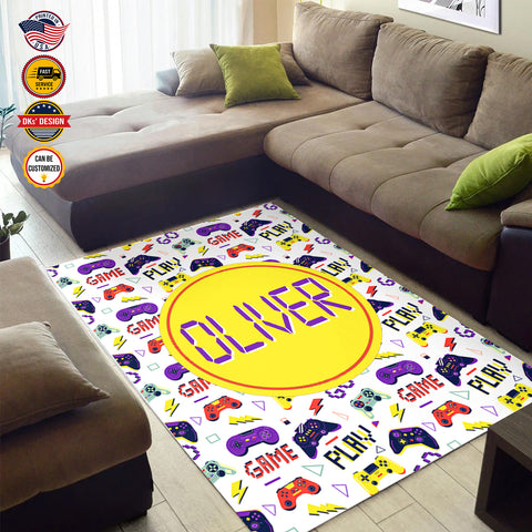 Image of Personalized Game Rug, White Game Pattern Area Rug, Game Area Rug for Gamer, Gaming Rugs Gift for Son for Boy, Room Rugs
