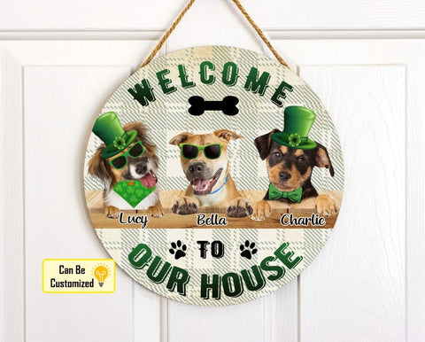 Image of Personalized Pet Photo Door Hanger, "Welcome To Our Home" St. Patrick's Day Dog Cat Round Wooden Sign
