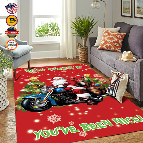 Image of Personalized Christmas Rug, Santa Rides A Motorcycle Who Cares If You've Been Nice, Christmas Area Rug, Rugs for Holidays, Christmas Gifts