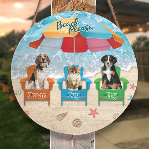 Image of Personalized Pet Photo Door Hanger, "Beach Please" Dog Cat Summer Round Wooden Sign