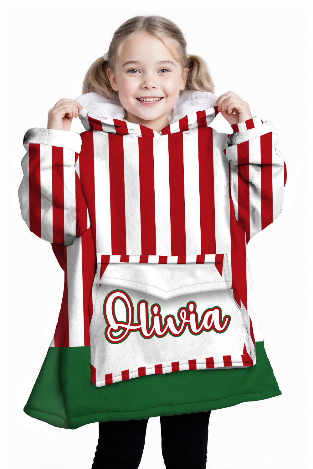 Personalized Blanket Hoodies, Christmas Green Red And White Stripes Oversized Blanket Hoodie