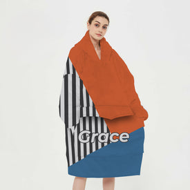 Personalized Blanket Hoodies, Rust Blue and Stripes Geometric Color Block Oversized Blanket Hoodie