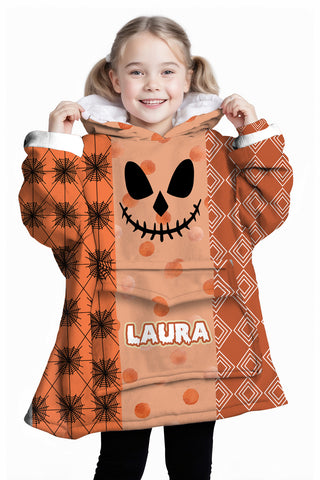 Image of Personalized Blanket Hoodies, Happy Halloween Pattern Orange Pumpkin Face Oversized Blanket Hoodie