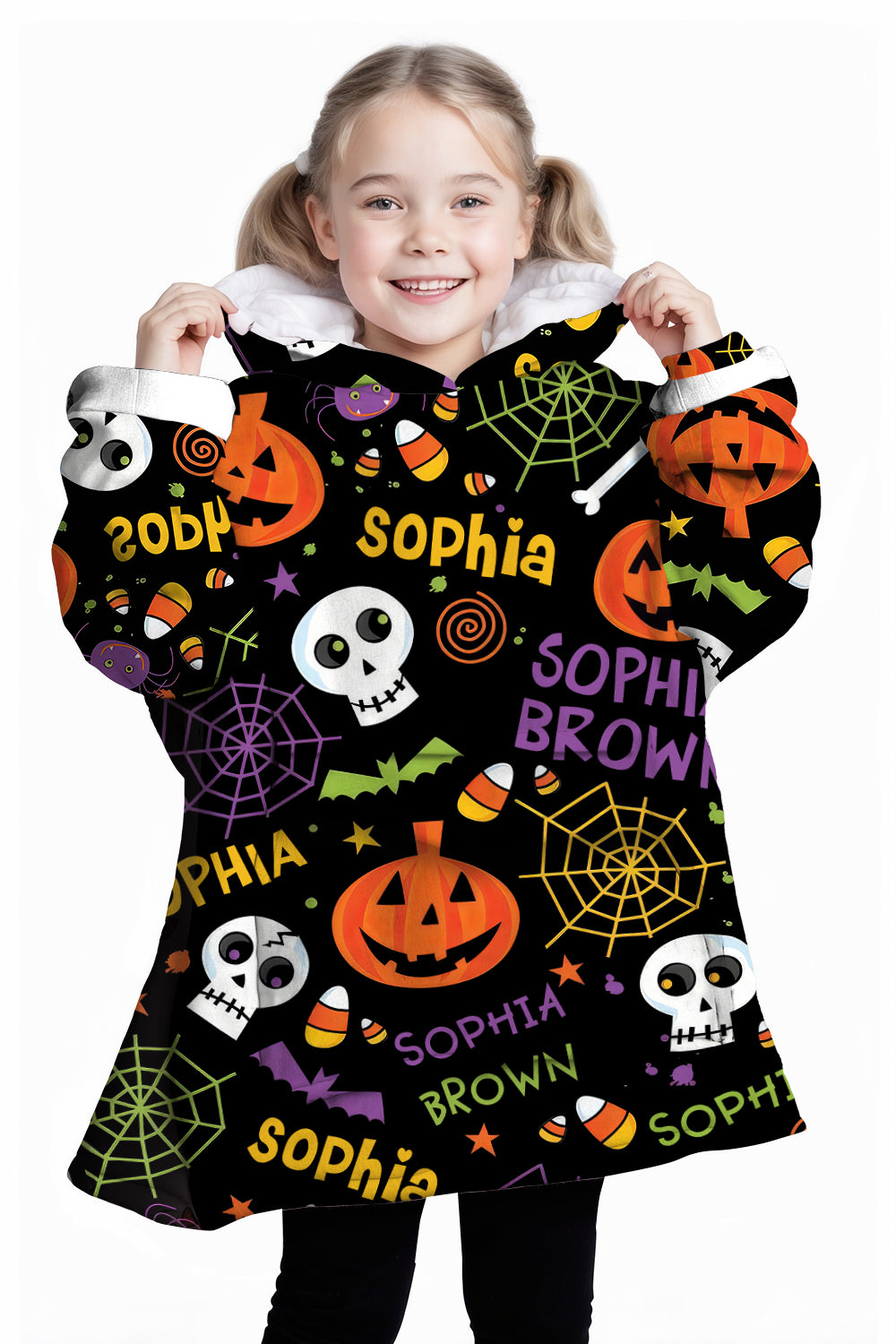 Personalized Blanket Hoodies, Halloween Pumpkin Bat Pattern Oversized Blanket Hoodie