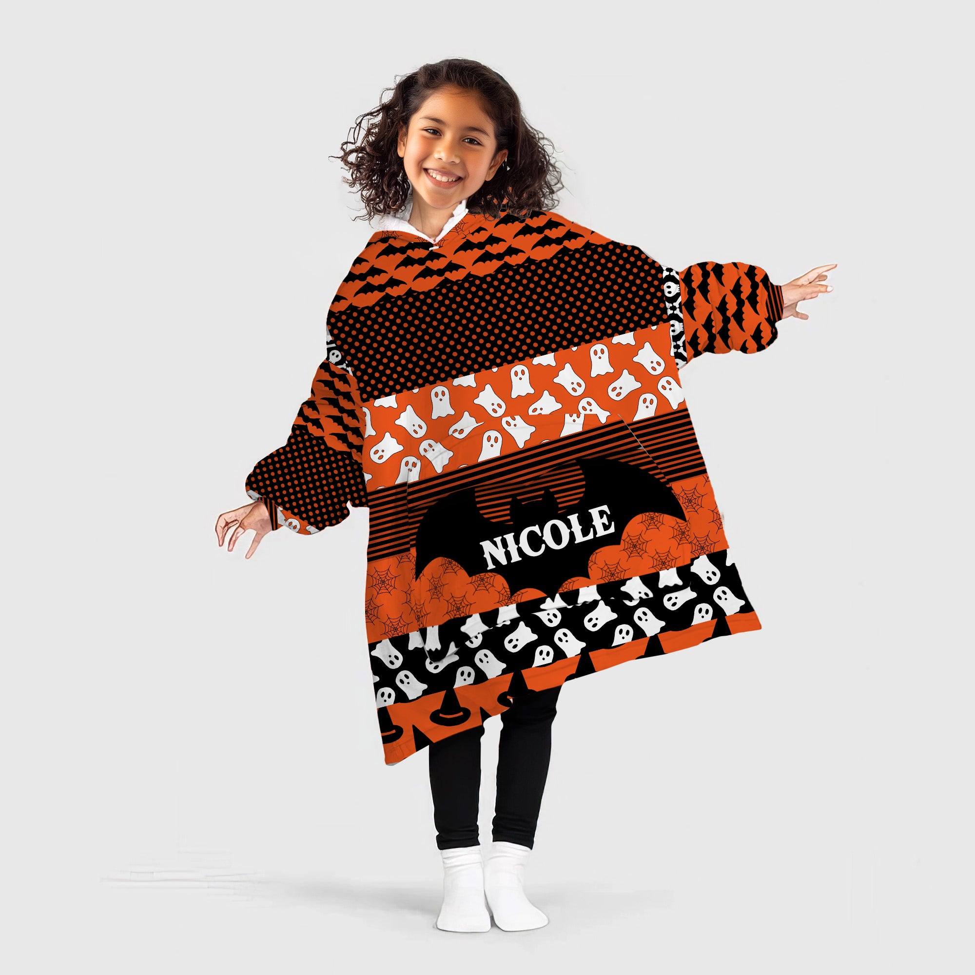 Personalized Blanket Hoodies, Custom Name Halloween Bat Trick Or Treat Pattern Oversized Blanket Hoodie