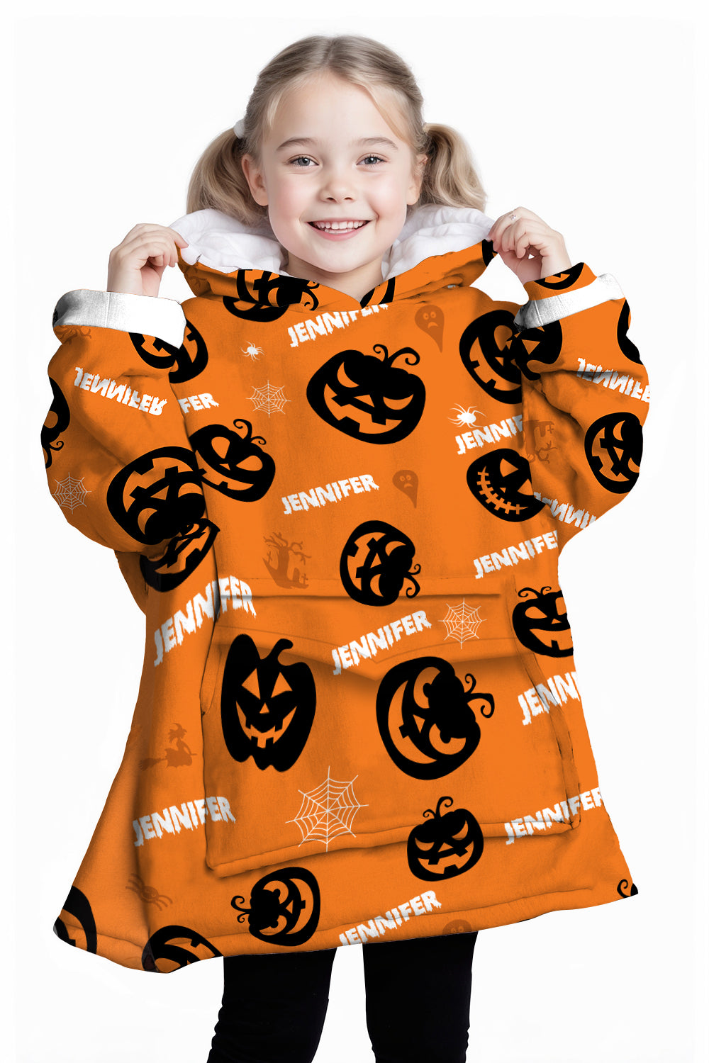 Personalized Blanket Hoodies, Halloween Pumpkin Pattern Custom Name Oversized Blanket Hoodie