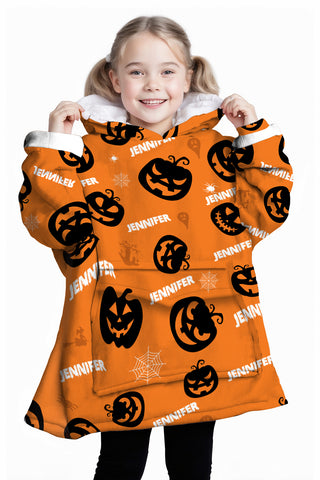 Image of Personalized Blanket Hoodies, Halloween Pumpkin Pattern Custom Name Oversized Blanket Hoodie