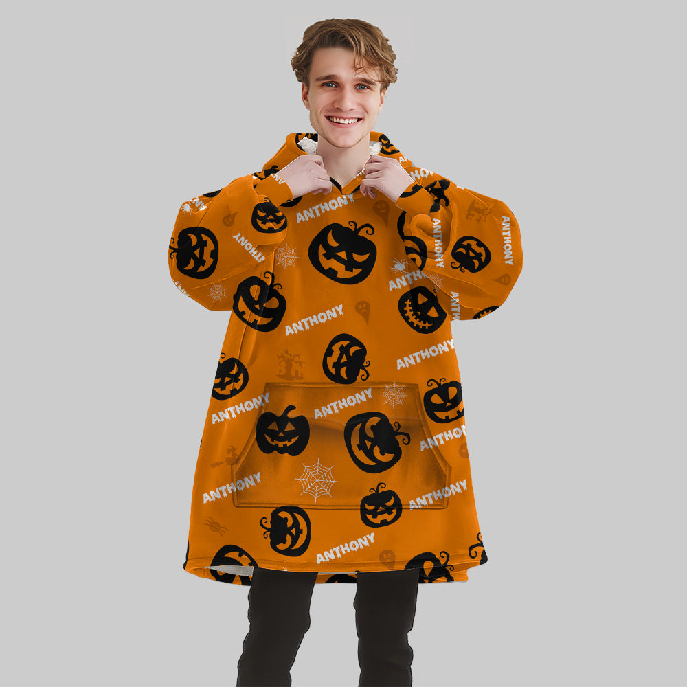 Personalized Blanket Hoodies, Halloween Pumpkin Pattern Custom Name Oversized Blanket Hoodie