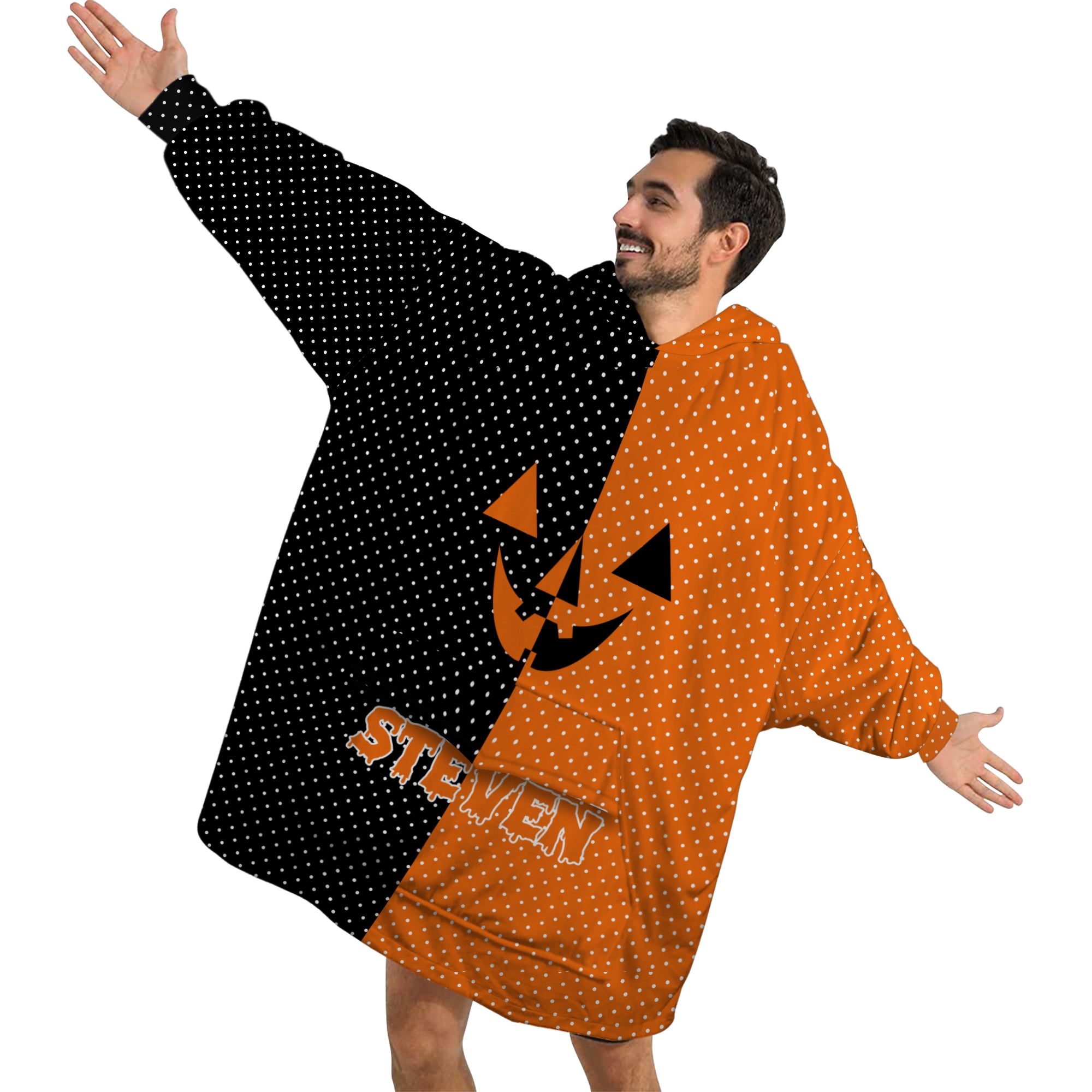 Personalized Blanket Hoodies, Halloween Black and Orange Polka Dots Oversized Blanket Hoodie