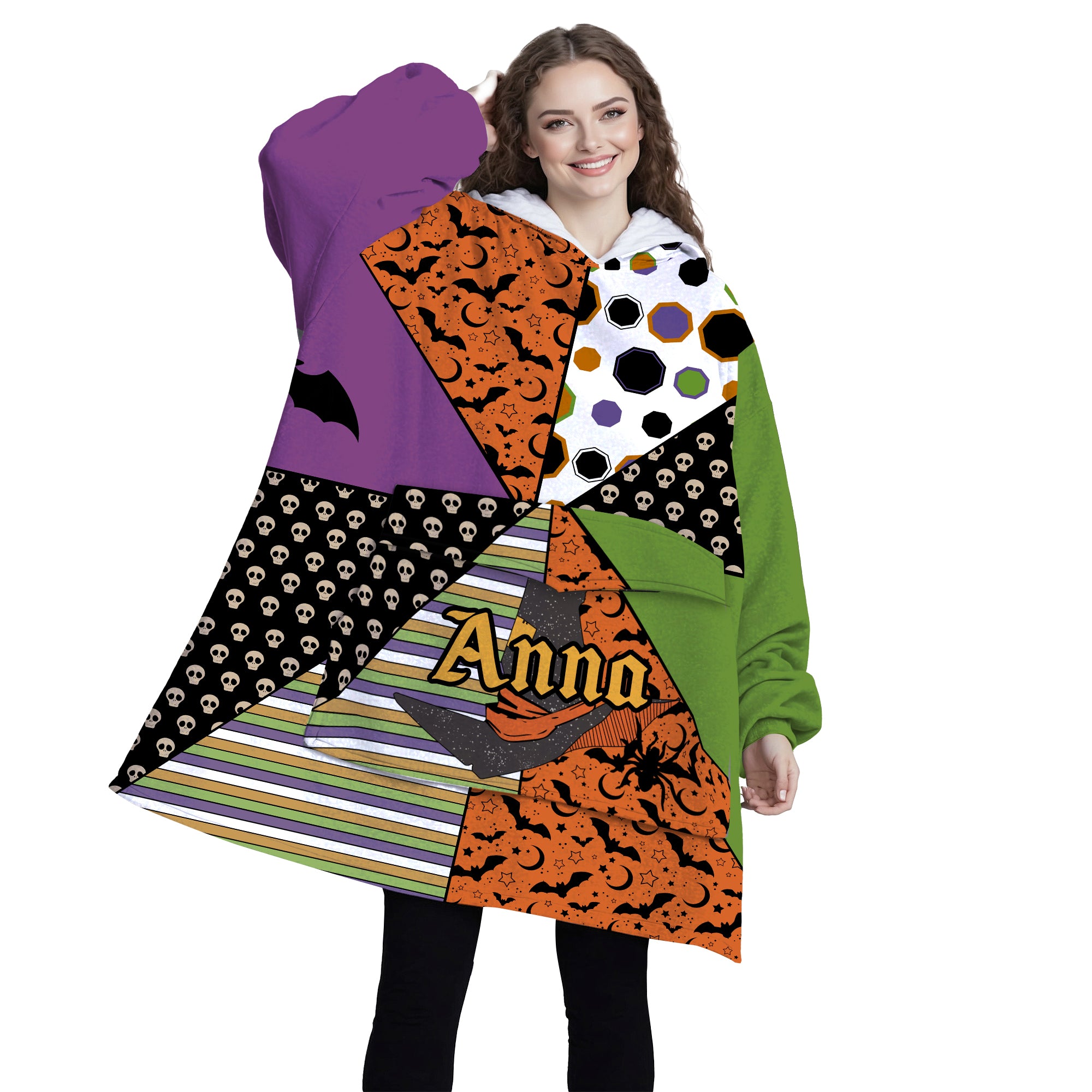 Personalized Blanket Hoodies, Halloween Pattern Witch Hat Oversized Blanket Hoodie