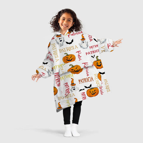 Image of Personalized Blanket Hoodies, Halloween Pumpkin Ghost Custom Name Oversized Blanket Hoodie