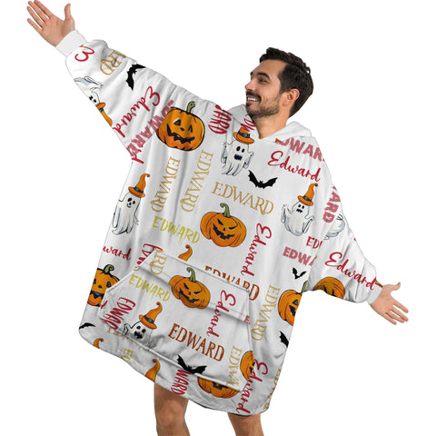 Image of Personalized Blanket Hoodies, Halloween Pumpkin Ghost Custom Name Oversized Blanket Hoodie