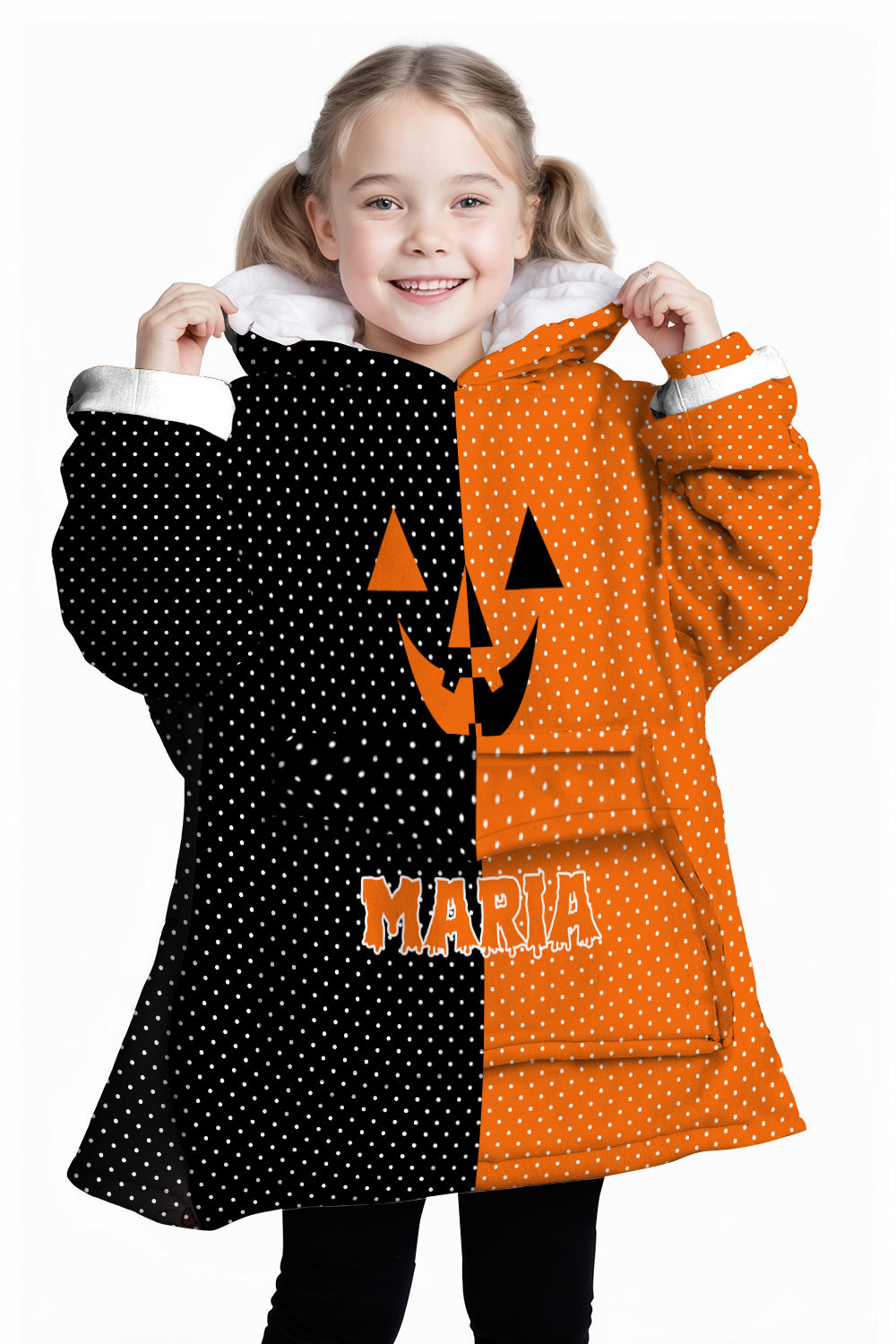 Personalized Blanket Hoodies, Halloween Black and Orange Polka Dots Oversized Blanket Hoodie