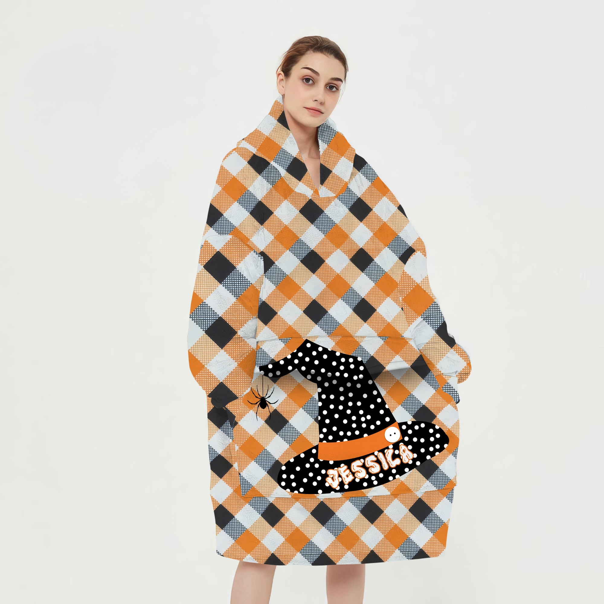 Personalized Blanket Hoodies, Orange and Black Halloween Plaid Witch Hat Oversized Blanket Hoodie