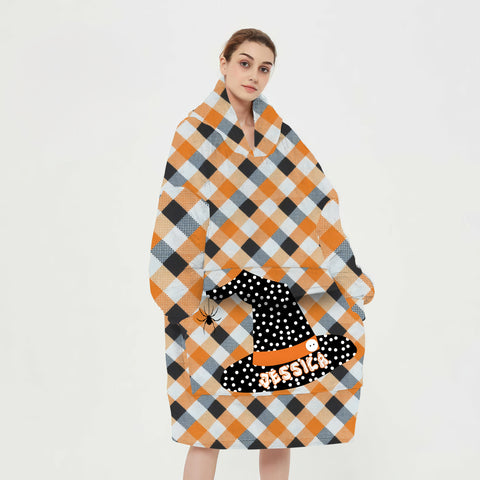 Image of Personalized Blanket Hoodies, Orange and Black Halloween Plaid Witch Hat Oversized Blanket Hoodie