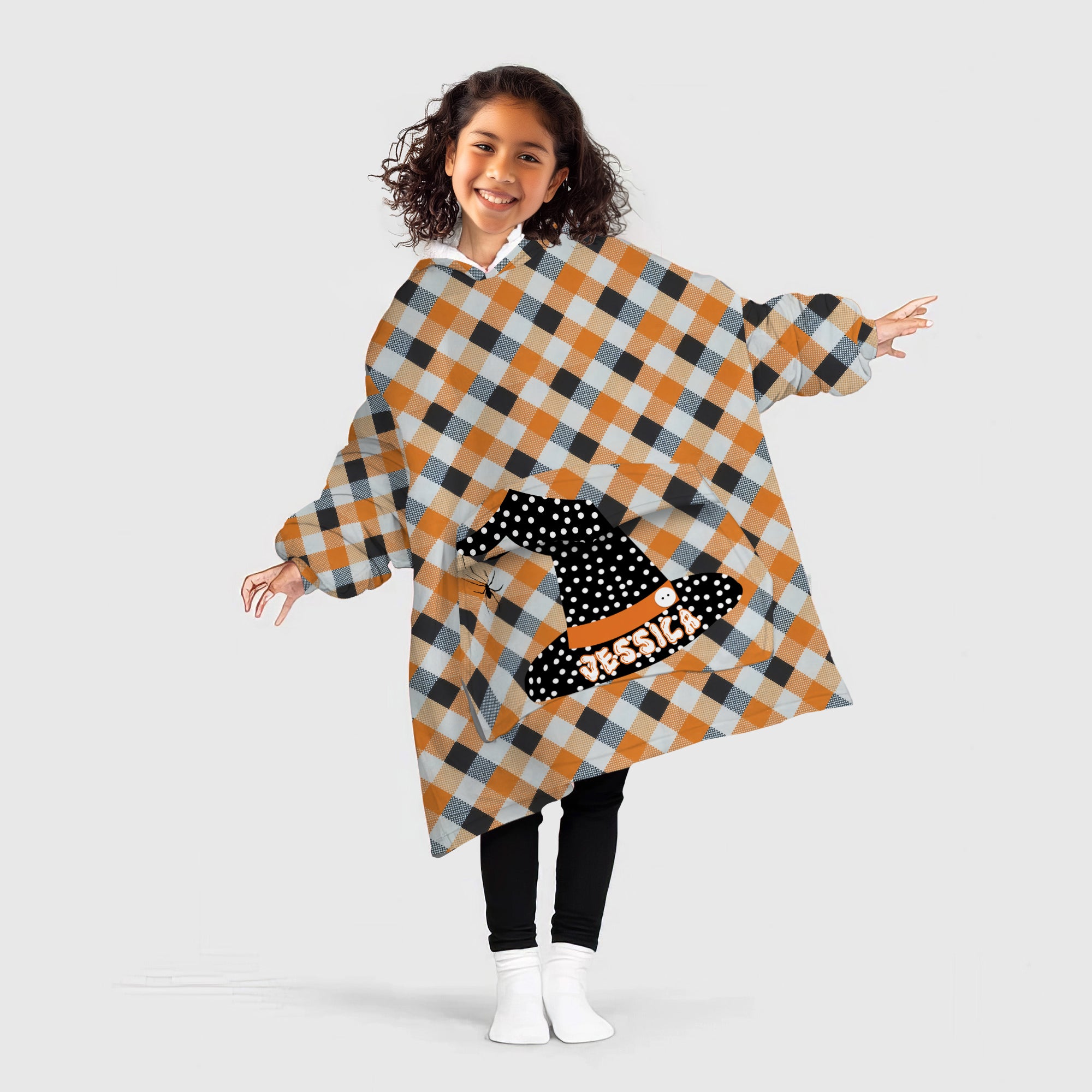 Personalized Blanket Hoodies, Orange and Black Halloween Plaid Witch Hat Oversized Blanket Hoodie