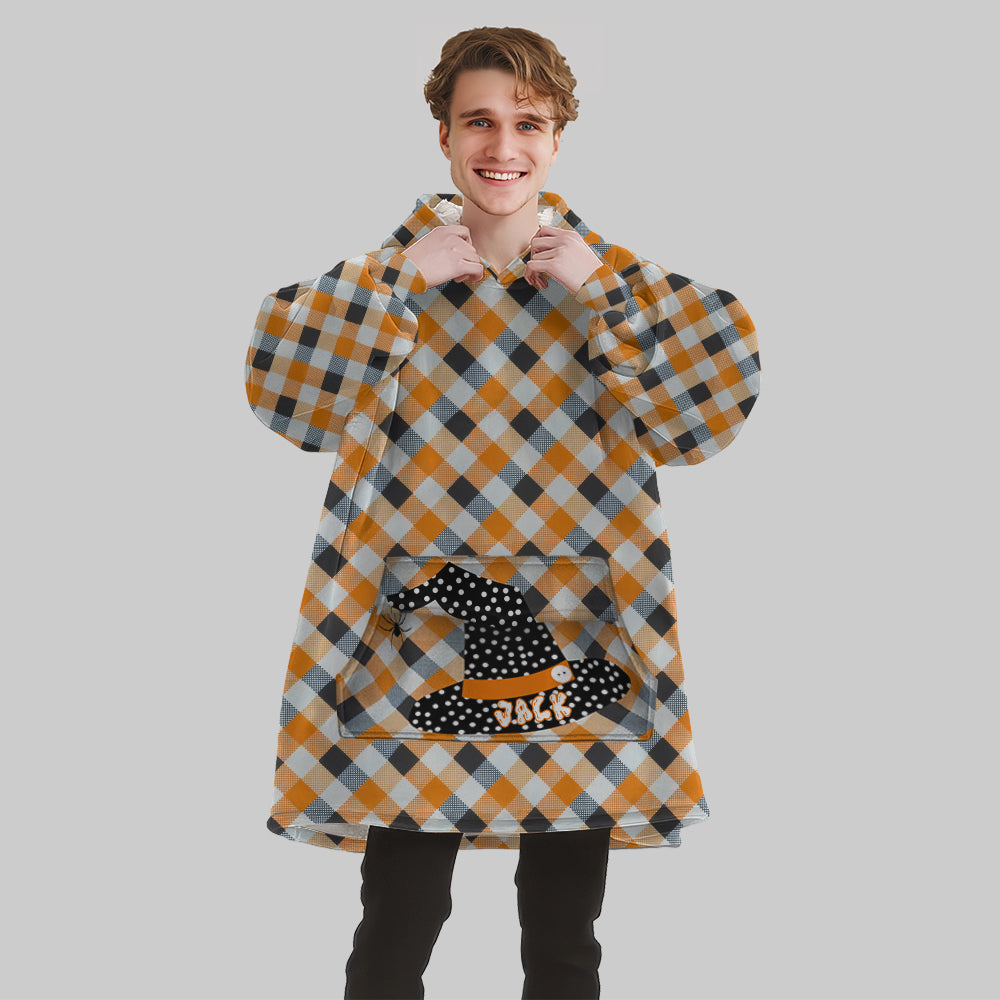Personalized Blanket Hoodies, Orange and Black Halloween Plaid Witch Hat Oversized Blanket Hoodie