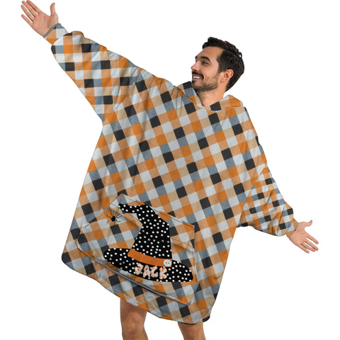Image of Personalized Blanket Hoodies, Orange and Black Halloween Plaid Witch Hat Oversized Blanket Hoodie