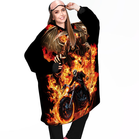 Image of Personalized Blanket Hoodies, Motorcycle Fire Skull Riding Oversized Blanket Hoodie