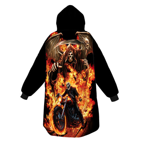 Image of Personalized Blanket Hoodies, Motorcycle Fire Skull Riding Oversized Blanket Hoodie