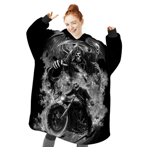 Image of Personalized Blanket Hoodies, Motorcycle Fire Skull Riding Oversized Blanket Hoodie