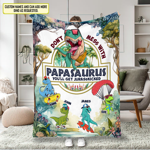 Image of Personalized Dad Blanket, Custom Papasaurus Blanket, Message Blanket, Custom Dinosaur Kids Blanket, Father's Day Gift