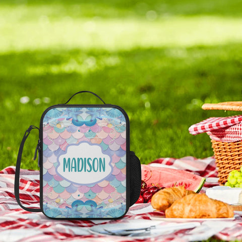 Image of Personalized Kids Backpack and Lunch Box Set, Custom Name Mermaid Pattern Backpack With Vertical Lunch Box Matching Combo