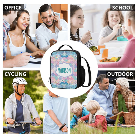 Image of Personalized Kids Backpack and Lunch Box Set, Custom Name Mermaid Pattern Backpack With Vertical Lunch Box Matching Combo