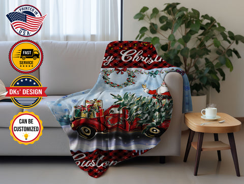Image of Personalized Baby Christmas Custom Name Blanket, Christmas Tree Truck Blanket, Christmas Baby Blanket, Baby Shower Gift, Christmas Gifts