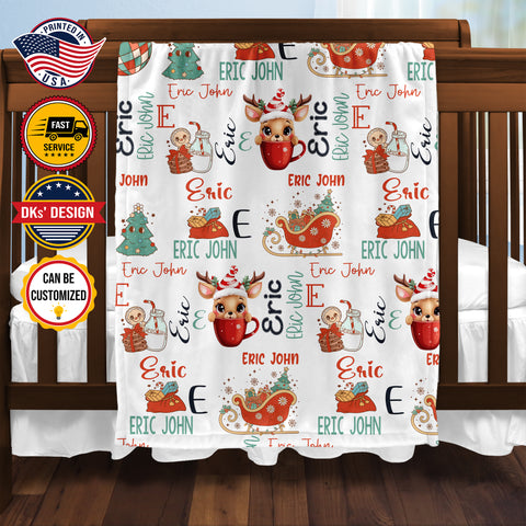 Image of Personalized Christmas Baby Name Pattern Blanket, Custom Baby Christmas Blanket, Reindeer Hot Chocolate Blanket, Baby Shower Gift, Christmas Gift