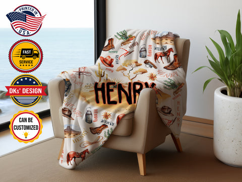 Image of Personalized Baby Cowboy Blanket, Custom Western Baby Blanket, Baby Highland Cow Blanket, Western Cowboy Blanket, Baby Shower Gift
