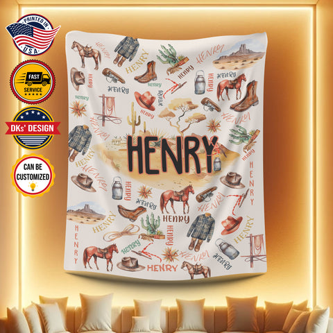 Image of Personalized Baby Cowboy Blanket, Custom Western Baby Blanket, Baby Highland Cow Blanket, Western Cowboy Blanket, Baby Shower Gift