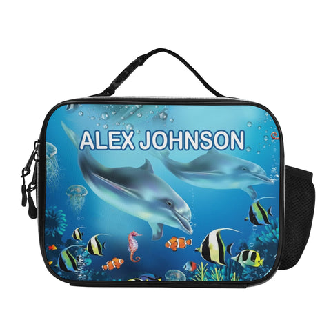 Image of Personalized Kids Backpack and Lunch Box Set, Custom Name Dolphin Under The Sea Creature Backpack With Lunch Box Matching Combo