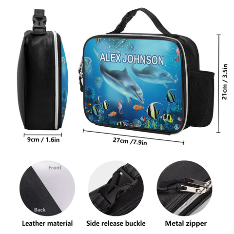 Image of Personalized Kids Backpack and Lunch Box Set, Custom Name Dolphin Under The Sea Creature Backpack With Lunch Box Matching Combo