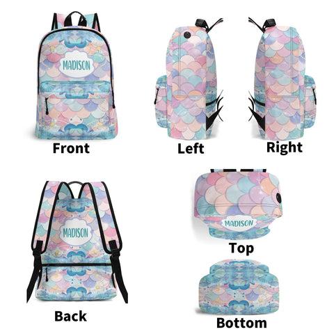 Image of Personalized Kids Backpack and Lunch Box Set, Custom Name Mermaid Pattern Backpack With Vertical Lunch Box Matching Combo