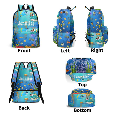 Image of Personalized Kids Backpack and Lunch Box Set, Custom Name Sea Animals Backpack With Vertical Lunch Box, School Backpacks Matching Combo