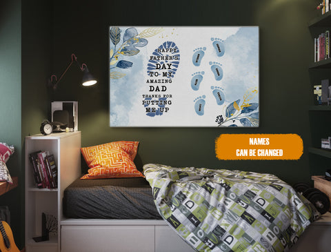 Image of Personalized Fathers and Childs Footprints Canvas, Dad Footprint Wall Art, Custom Dad Canvas, Father's Day Gift